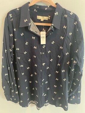 LOFT Navy Button-Down Shirt with Small White Bow Print